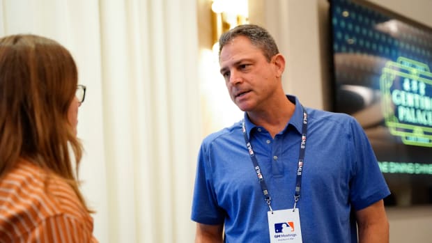 Nov 8, 2022; Las Vegas, NV, USA; Kansas City Royals J. J. Picollo answers questions to the media during the MLB GM Meetings at The Conrad Las Vegas. Mandatory Credit: Lucas Peltier-USA TODAY Sports